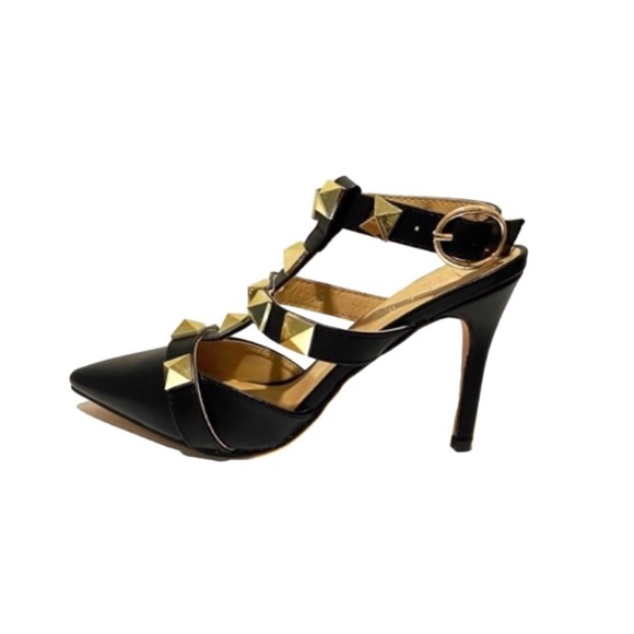 NICOLE MILLER Selty Black Gold Strap Studded Pointy Toe Heels Pumps - Picture 5 of 13